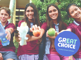 Students holding up water bottles and vegetables to the camera with a sticker over the image saying "great choice".