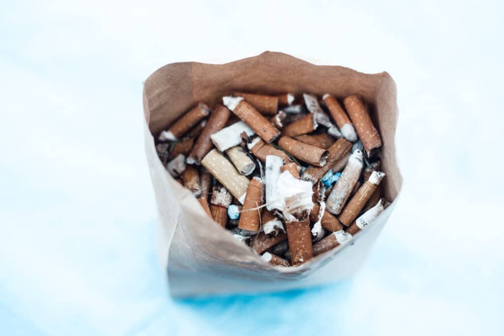 A bag of cigarette butts collected at a Take 3 for the Sea pick-up.