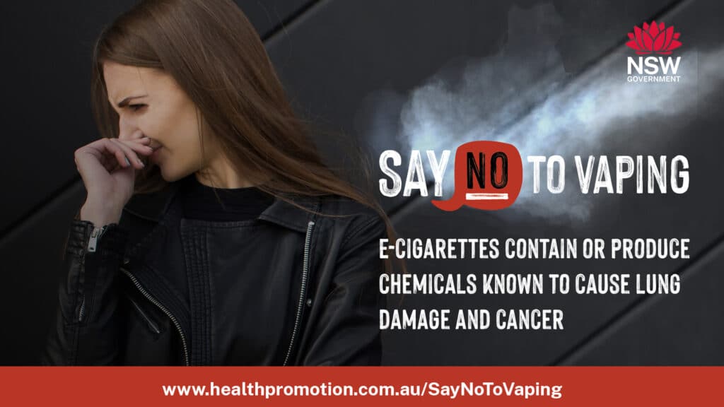 A creative from the Say No to Vaping campaign showing a teenage girl turning away as smoke is blown in her direction.