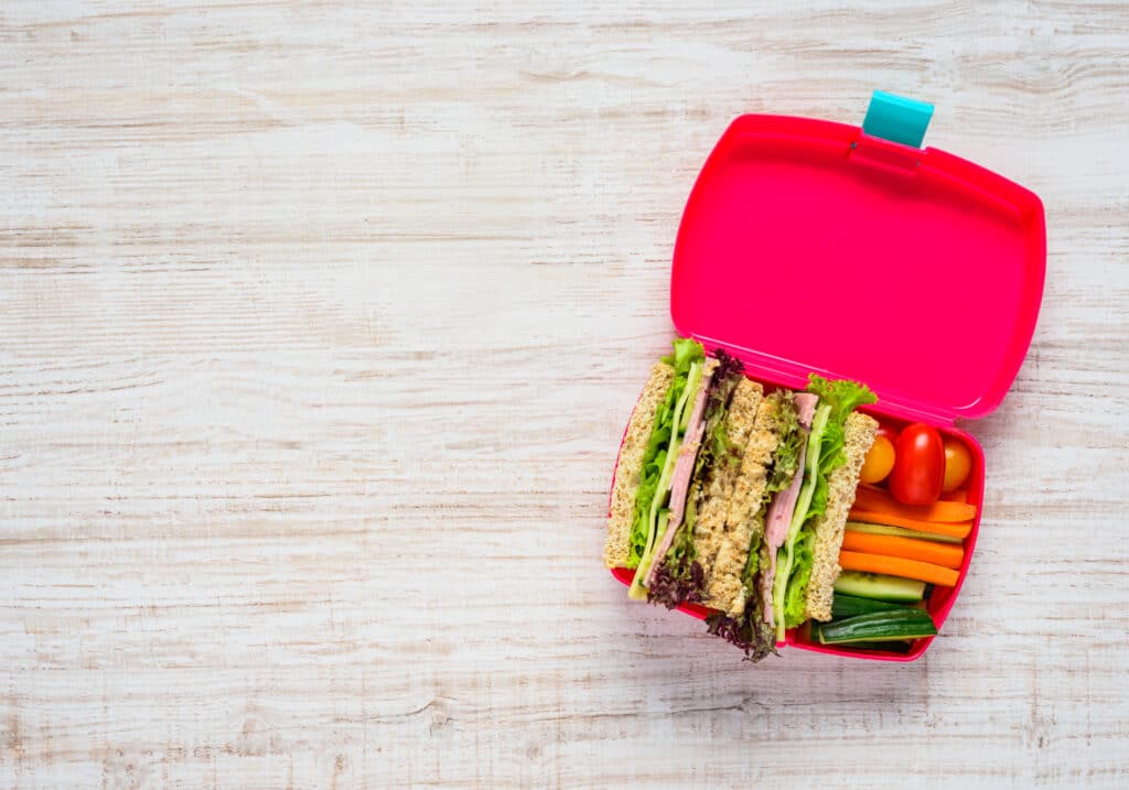 A healthy lunchbox with sandwiches, tomatoes, carrot and cucumber sticks.
