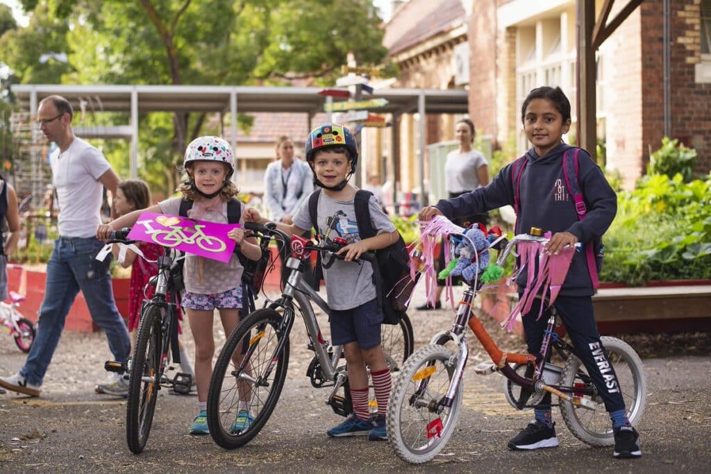 School children on their bikes on National Ride2School Day.