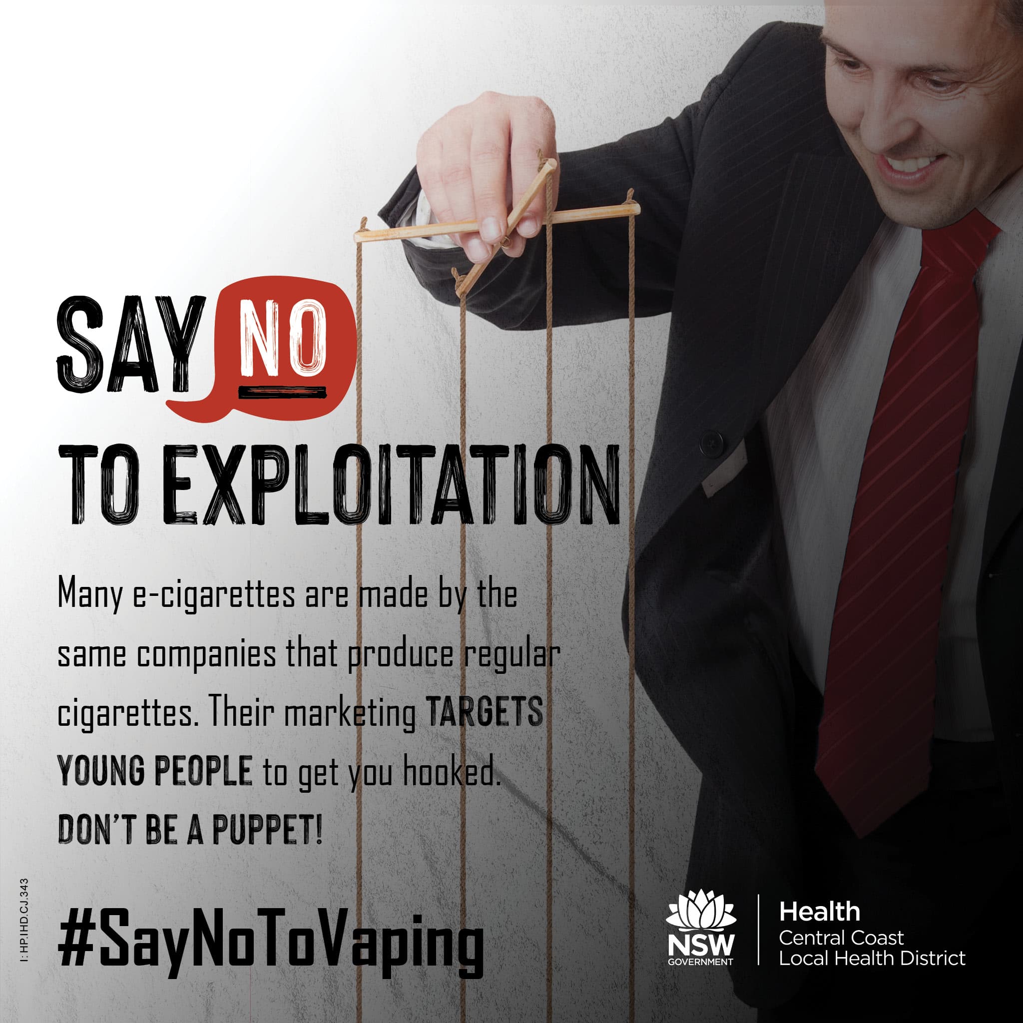 The Say No to Exploitation social media tile preview image featuring a man in a suit with puppet strings.