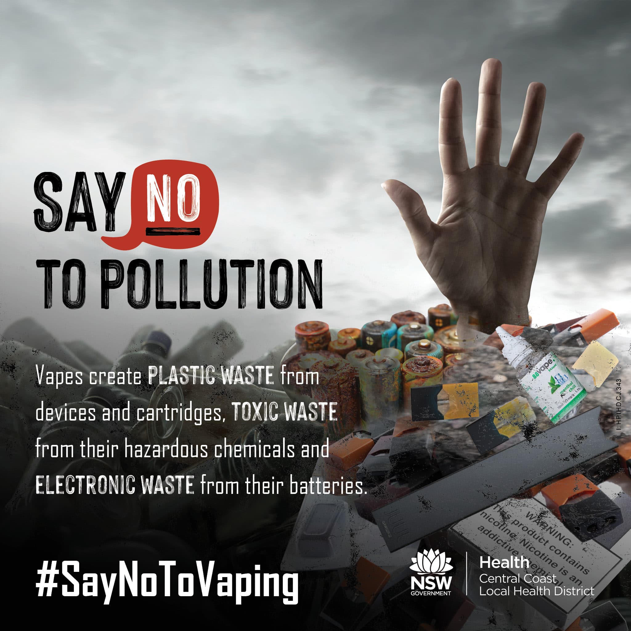 The Say No to Pollution social media tile preview image featuring a pile of waste with a hand reaching out.