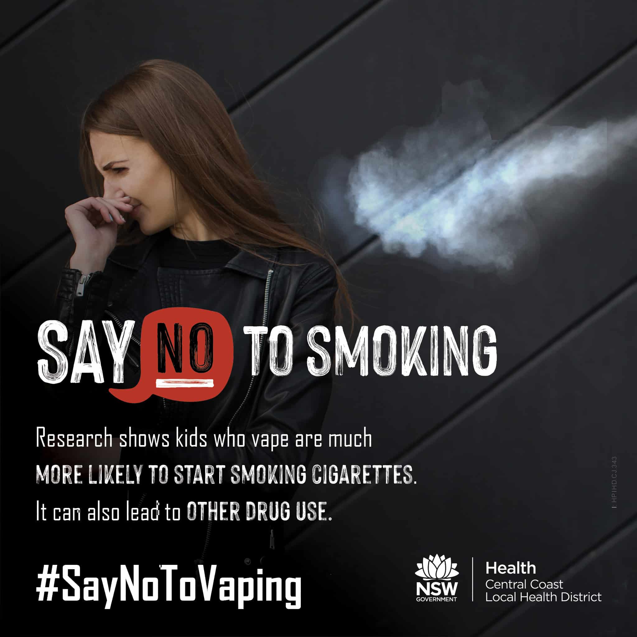 The Say No to Smoking social media tile preview image featuring a teenage girl turning her head away from a cloud of smoke.