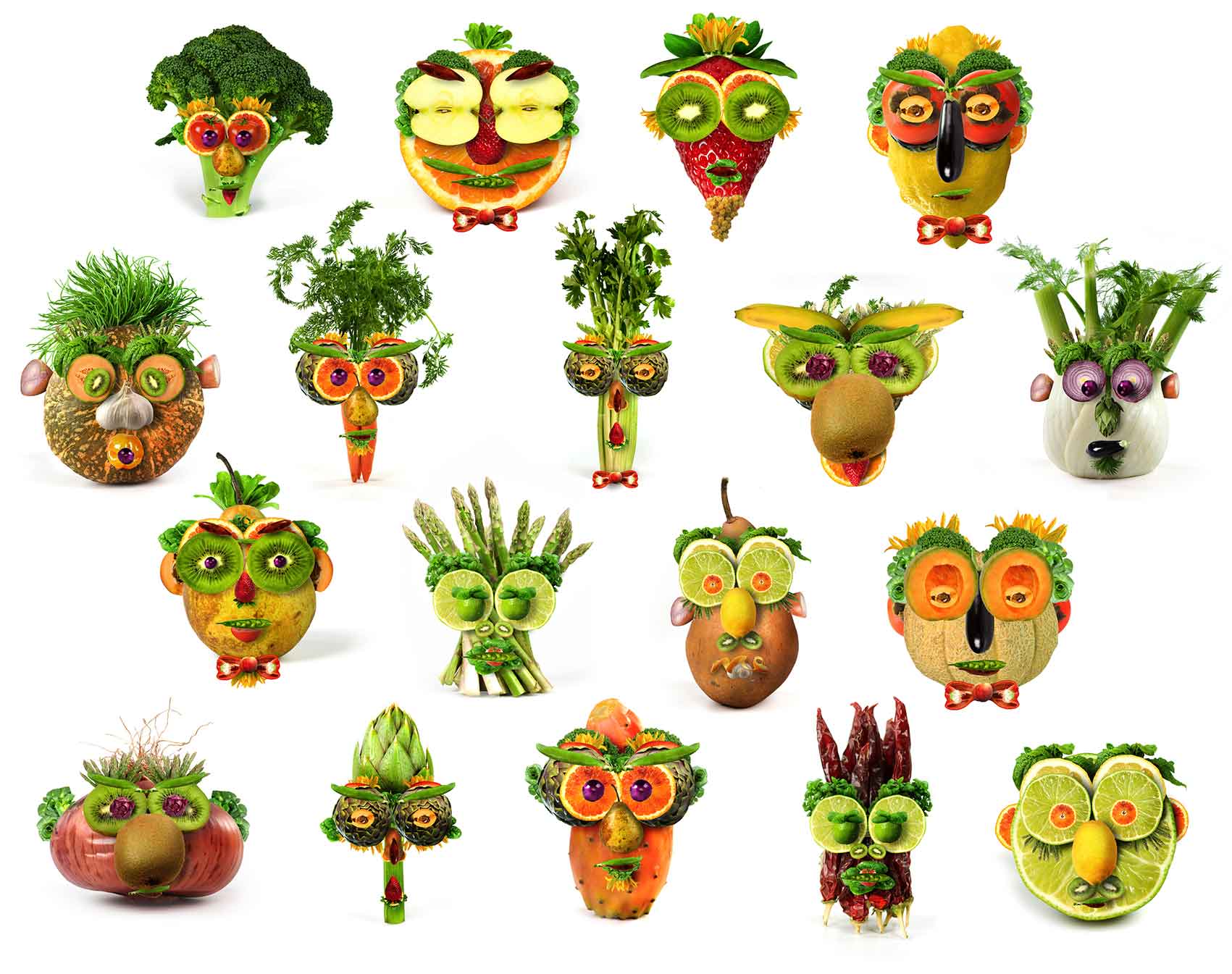 A collage of faces made from various fruit and vegetables.