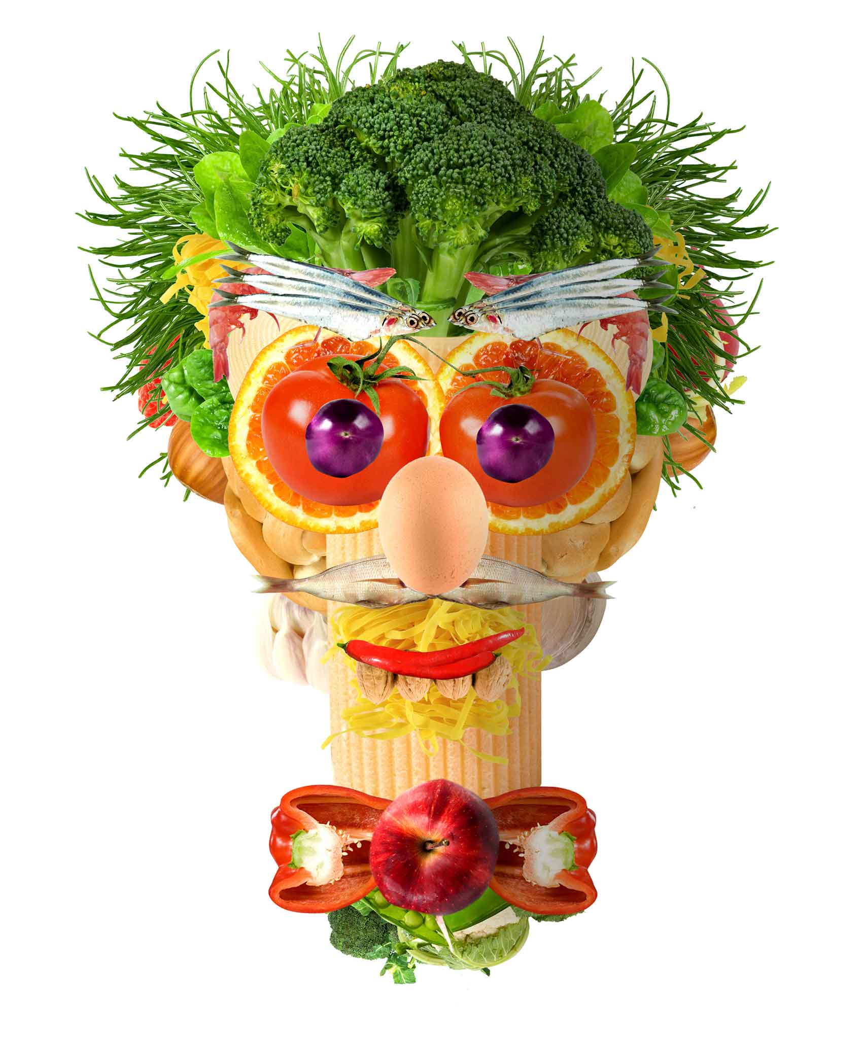 A humorous face made from various fruit and vegetables.