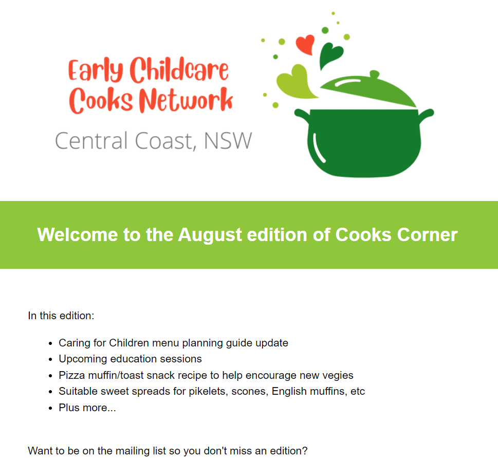 A screenshot of the Cooks Corner e-newsletter.