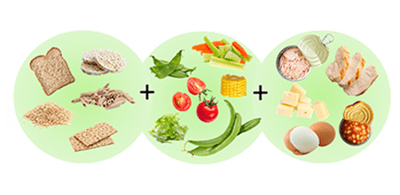 Images of various healthy snacks for lunch - toast, crackers, pasta, tomatoes, corn, green beans, cucumber and carrot sticks, tuna, eggs, beans, cheese