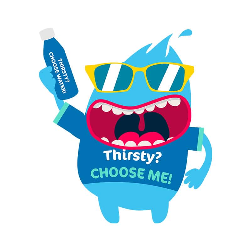 The Thirsty? Choose Water! character holding up a water bottle.
