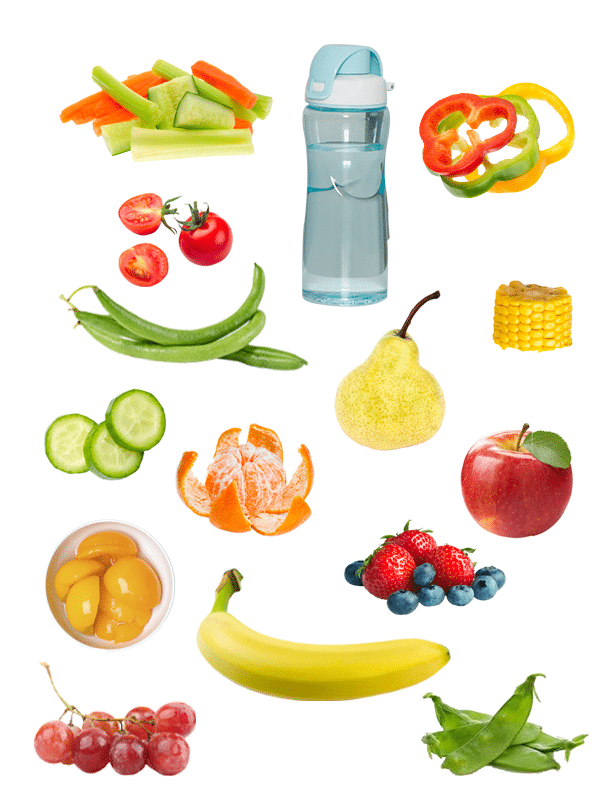 An image of various fruit and vegetables with a bottle of water.