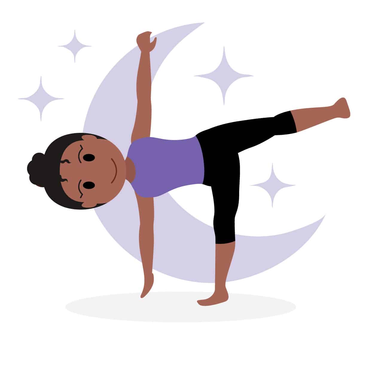 A cartoon character showing a moon yoga pose.
