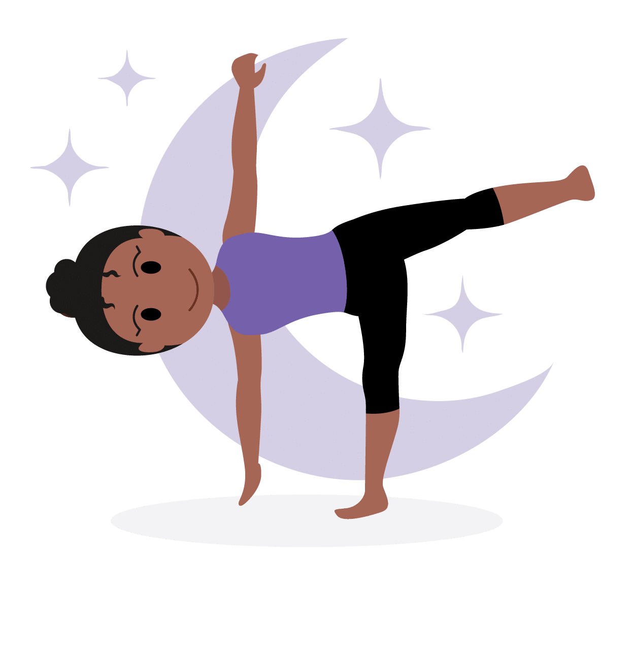 A cartoon character showing a moon yoga pose.