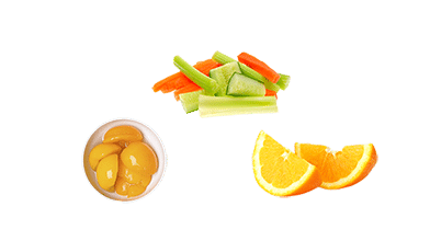 Oranges, peaches and cucumber and carrot sticks.