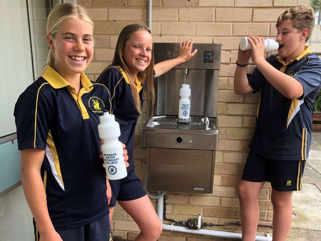 Brisbane Water Secondary College students fill up at a chilled water station.