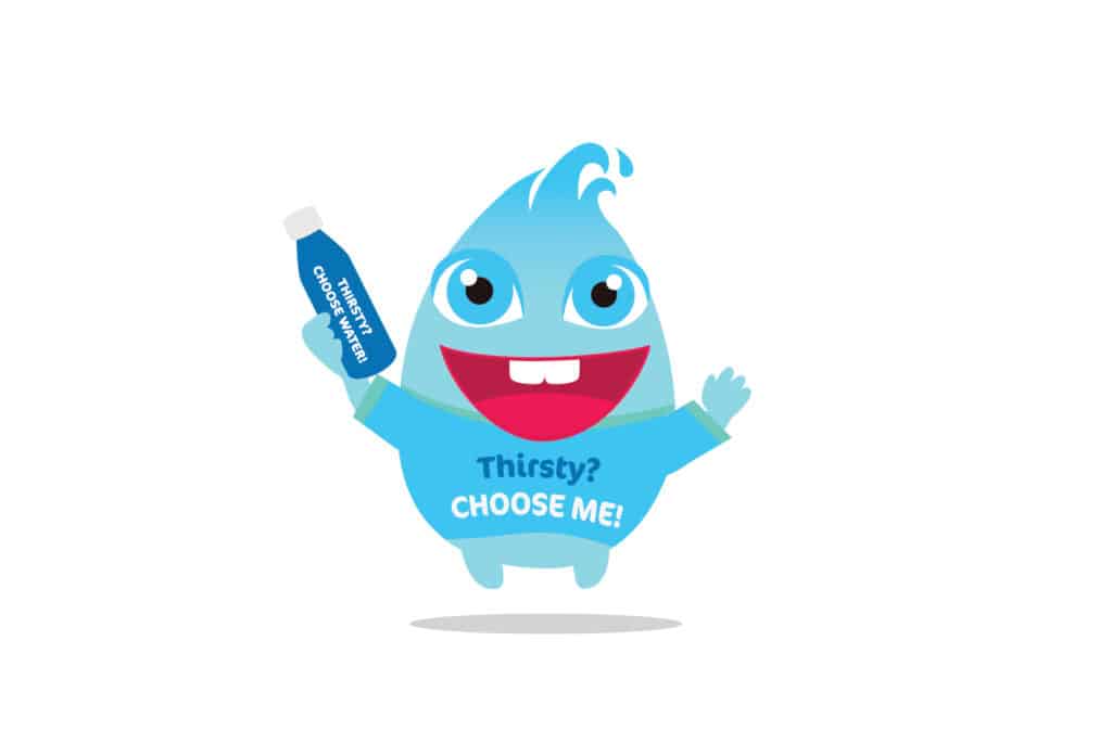 Thirsty? Choose Water! primary school character holding drink bottle.