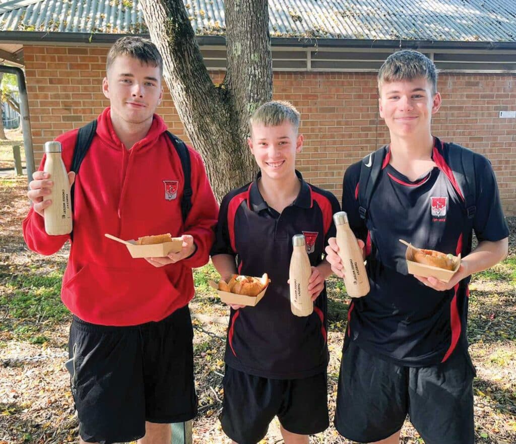 Narara Valley High School pupils with refillable water bottles and food.