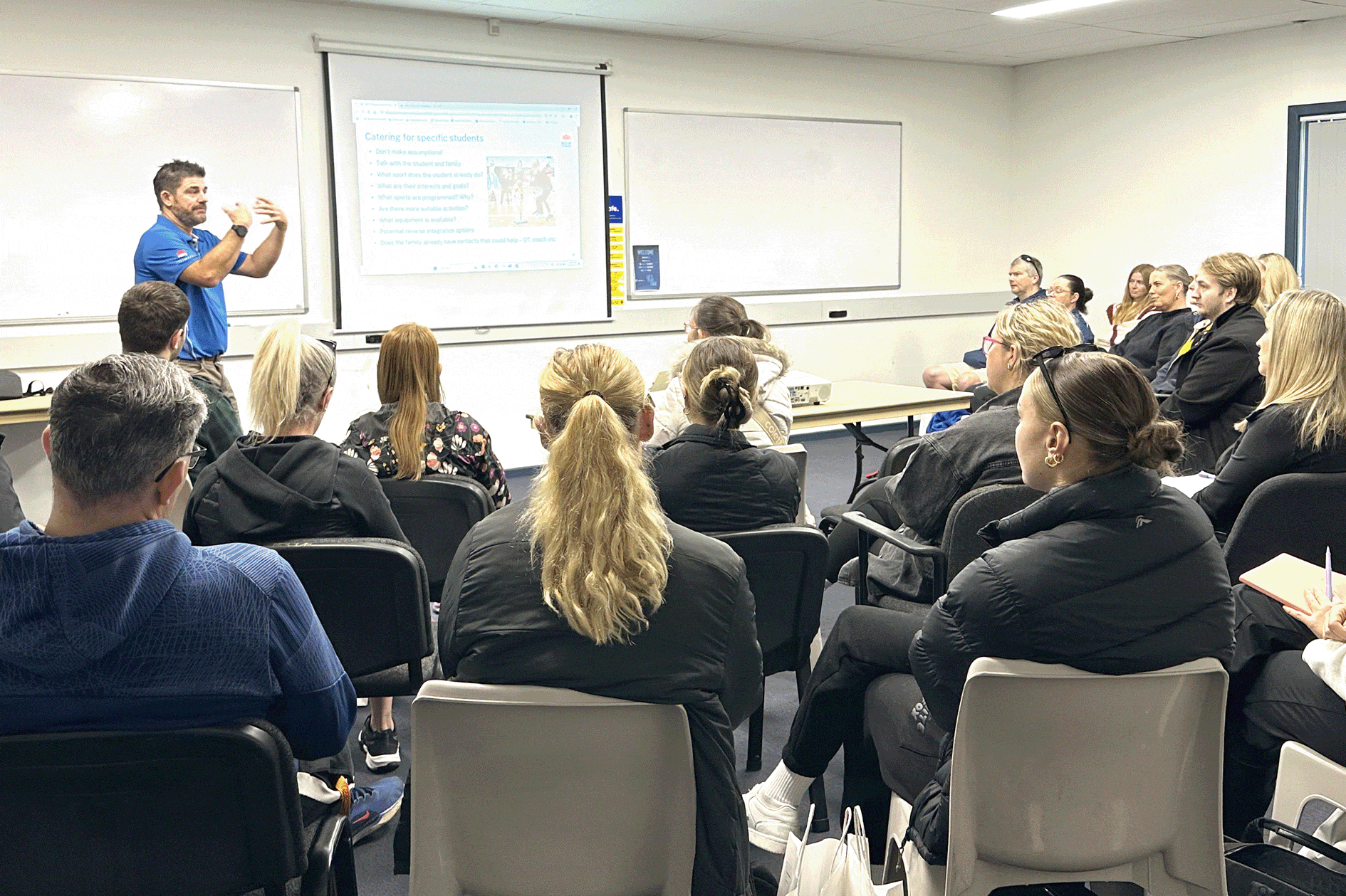 Teachers attending a professional learning session on inclusive education in sports - one picture shows a guest speaker presenting, the other shows teachers engaged in a practical sports session.