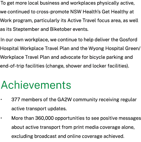 To get more local business and workplaces physically active, we continued to cross promote NSW Health’s Get Healthy a...