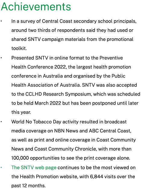 Achievements • In a survey of Central Coast secondary school principals, around two thirds of respondents said they h...