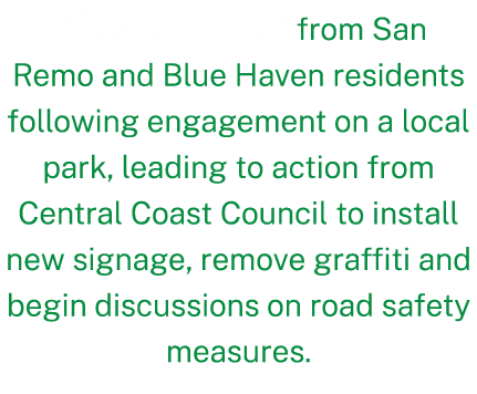 responses from San Remo and Blue Haven residents following engagement on a local park, leading to action from Central...