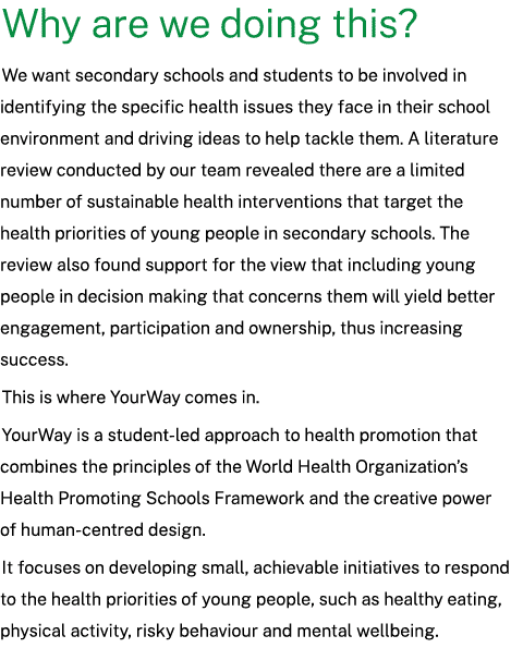 Why are we doing this? We want secondary schools and students to be involved in identifying the specific health issue...