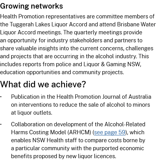 Growing networks Health Promotion representatives are committee members of the Tuggerah Lakes Liquor Accord and atten...