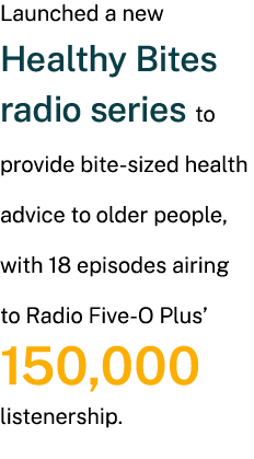 Launched a new Healthy Bites radio series to provide bite sized health advice to older people, with 18 episodes airin...