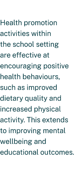 Health promotion activities within the school setting are effective at encouraging positive health behaviours, such a...