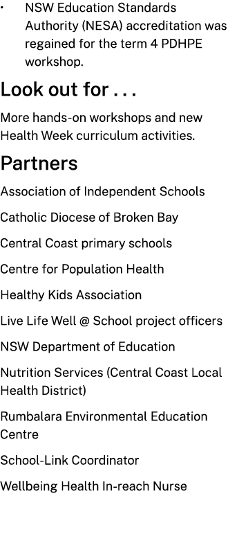 • NSW Education Standards Authority (NESA) accreditation was regained for the term 4 PDHPE workshop. Look out for . ....