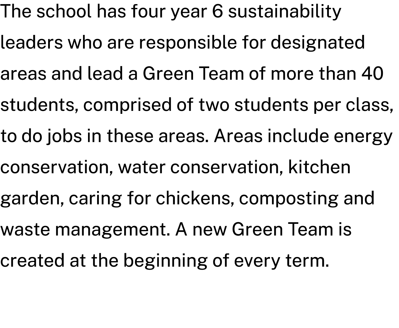 The school has four year 6 sustainability leaders who are responsible for designated areas and lead a Green Team of m...