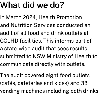 What did we do? In March 2024, Health Promotion and Nutrition Services conducted an audit of all food and drink outle...