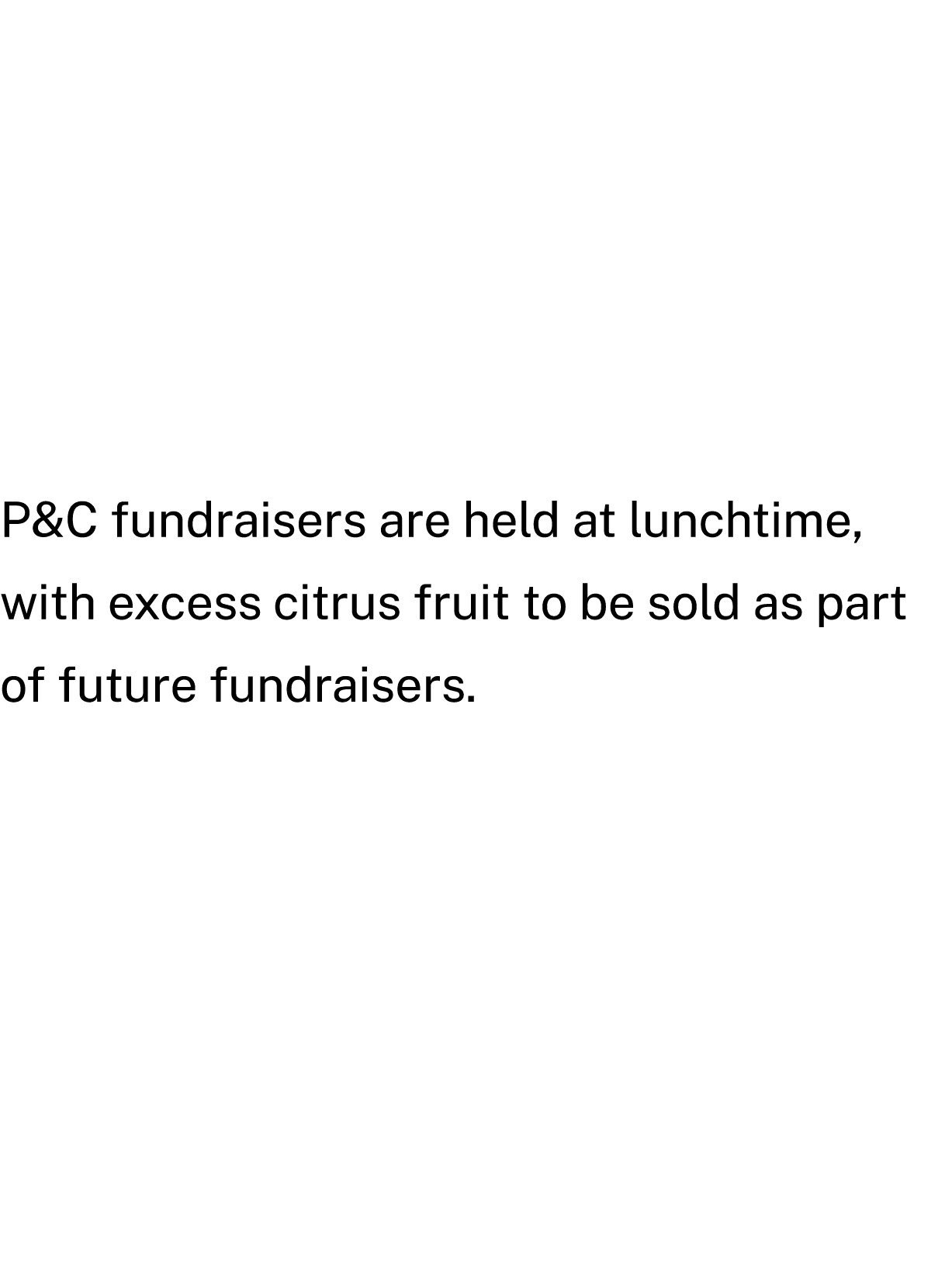 P&C fundraisers are held at lunchtime, with excess citrus fruit to be sold as part of future fundraisers. 